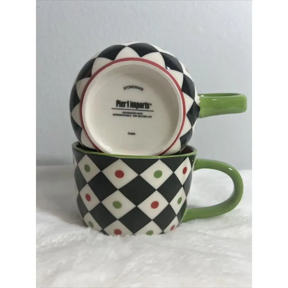 Pier 1 Imports Christmas Stoneware Coffee Mug Cup Harlequin Diamonds Check‎ Dots